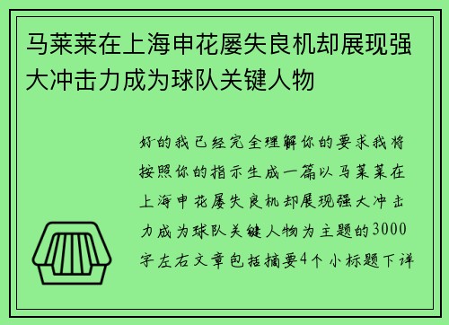 马莱莱在上海申花屡失良机却展现强大冲击力成为球队关键人物 马莱莱在上海申花屡失良机却展现强大冲击力成为球队关键人物