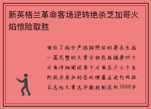 新英格兰革命客场逆转绝杀芝加哥火焰惊险取胜 新英格兰革命客场逆转绝杀芝加哥火焰惊险取胜