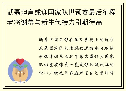 武磊坦言或迎国家队世预赛最后征程老将谢幕与新生代接力引期待高 武磊坦言或迎国家队世预赛最后征程老将谢幕与新生代接力引期待高
