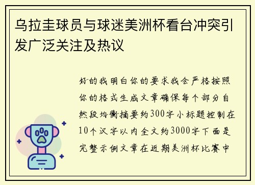 乌拉圭球员与球迷美洲杯看台冲突引发广泛关注及热议