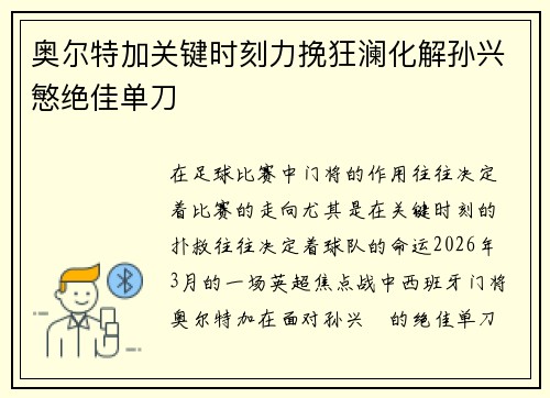 奥尔特加关键时刻力挽狂澜化解孙兴慜绝佳单刀