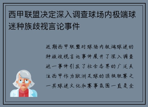 西甲联盟决定深入调查球场内极端球迷种族歧视言论事件